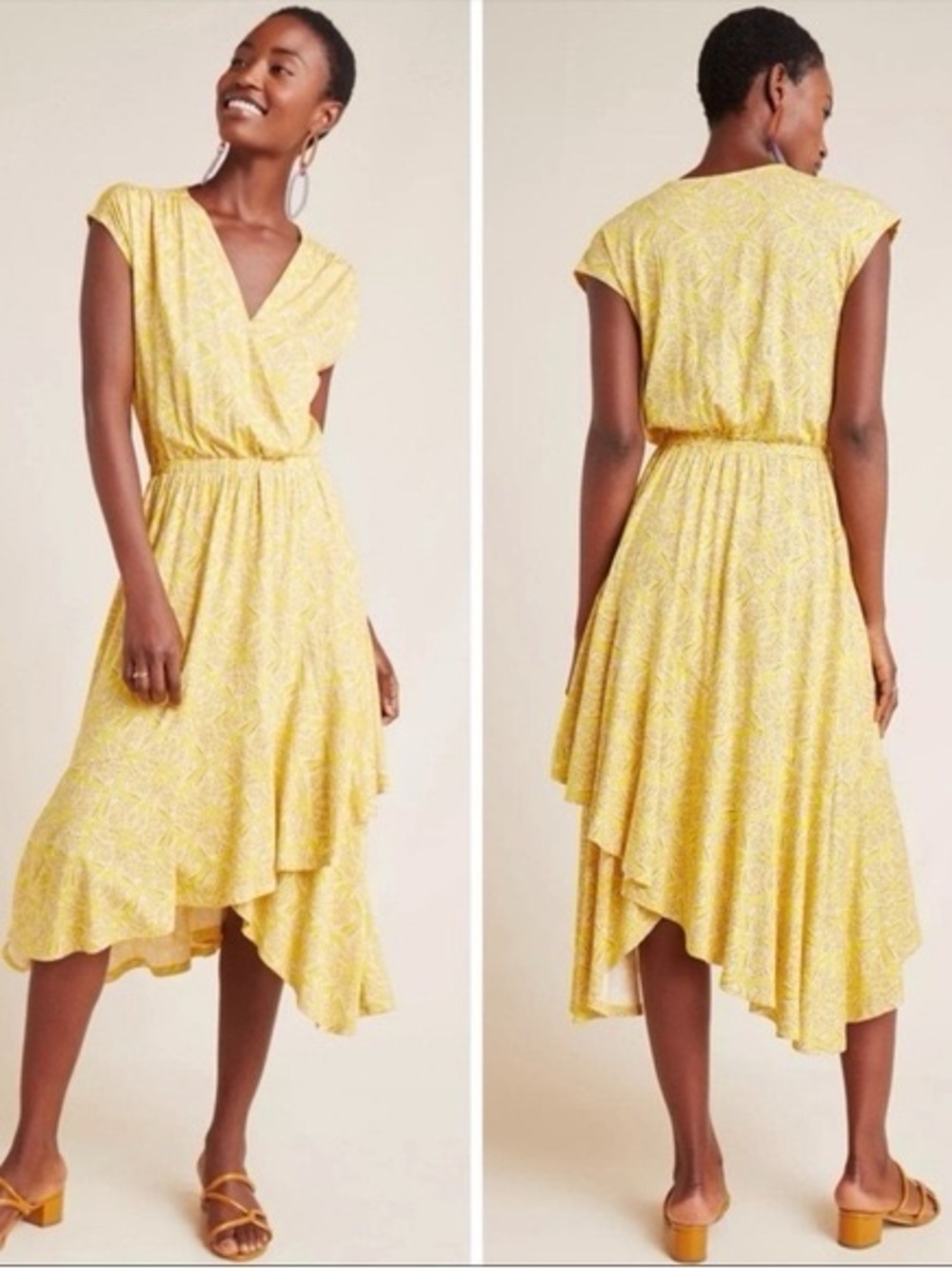Anthropologie Maeve Yellow Printed Midi Wrap Dress
